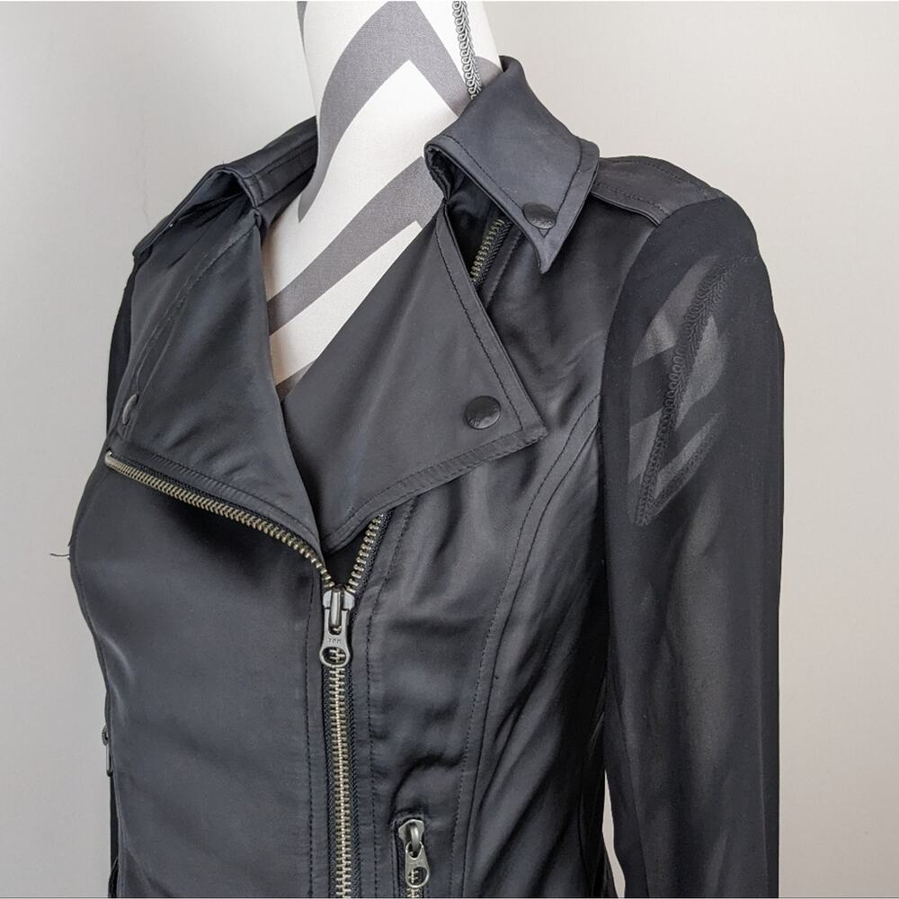 GUESS Satin Cropped Moto Jacket Sheer Sleeve Black XS Y2K - Picture 5 of 16